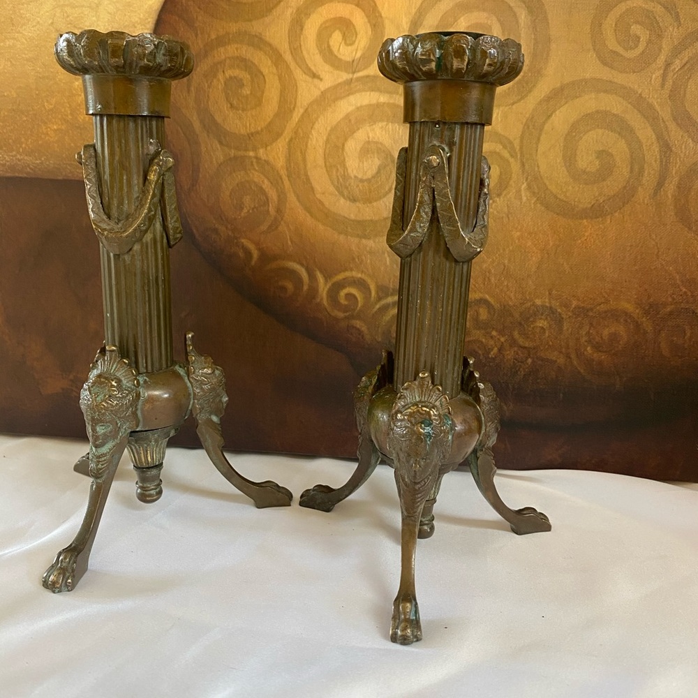 2 ANTIQUE BRONZE GREEK ROMAN CANDLE HOLDER